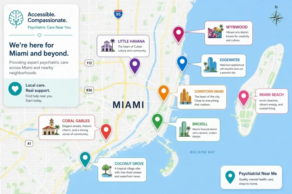Miami psychiatric care map highlighting Wynwood, Brickell, Downtown, Miami Beach, Coral Gables, Coconut Grove, and nearby service areas for support.